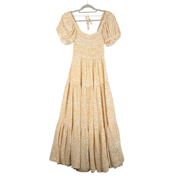 Holly Molly Yellow print Smocked Maxi Dress Size Small Tiered - Picture 8 of 9